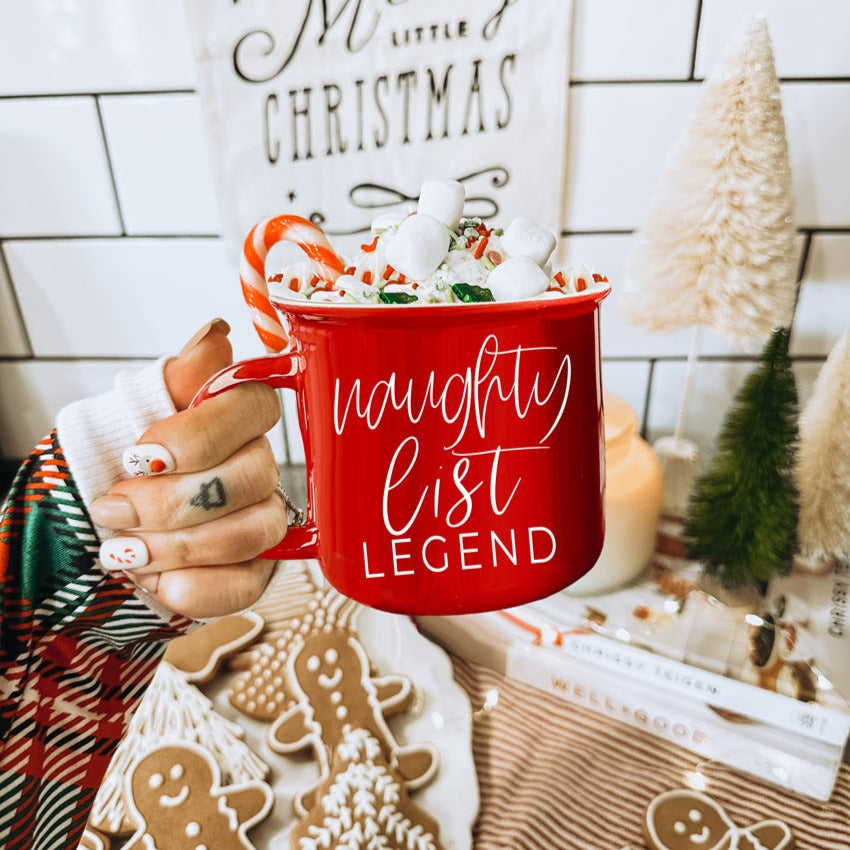 Naughty Legend Christmas Mug 14.5oz Ceramic Campfire Style Red Or Green Holiday Coffee Cup BandsCo Straps
