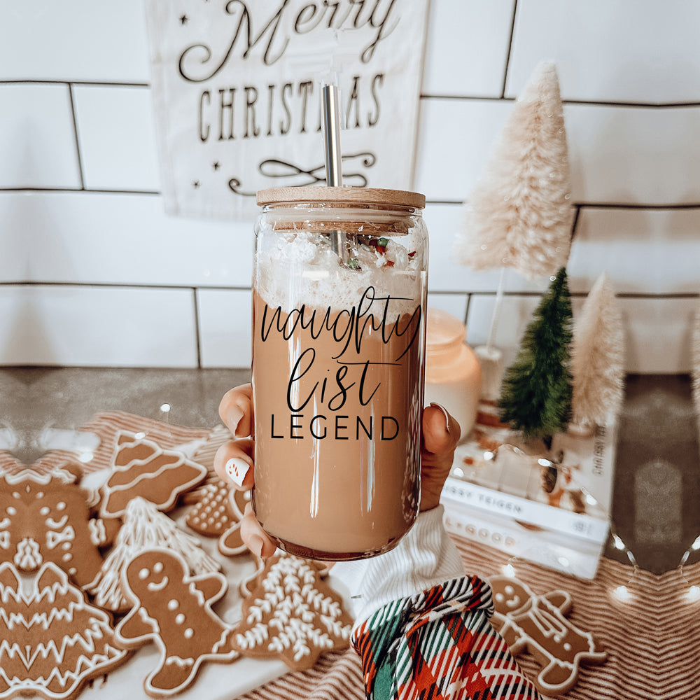 Naughty List Legend 17oz Glass Tumbler With Bamboo Lid, 2 Stainless Straws BandsCo Straps