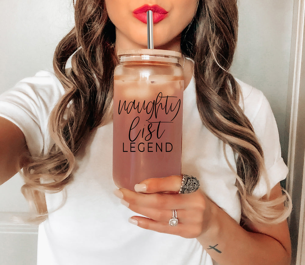 Naughty List Legend 17oz Glass Tumbler With Bamboo Lid, 2 Stainless Straws BandsCo Straps