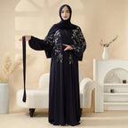 Navy Blue Pleated Abaya Set | Beaded Robe Abaya with Silver Embroidery (MOA168)