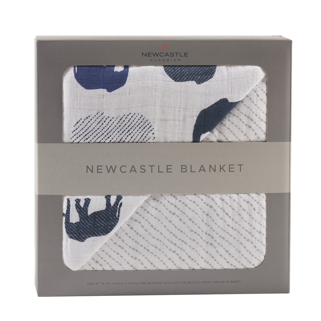 Navy Elephant Muslin Baby Blanket 47x47 Soft Cotton
