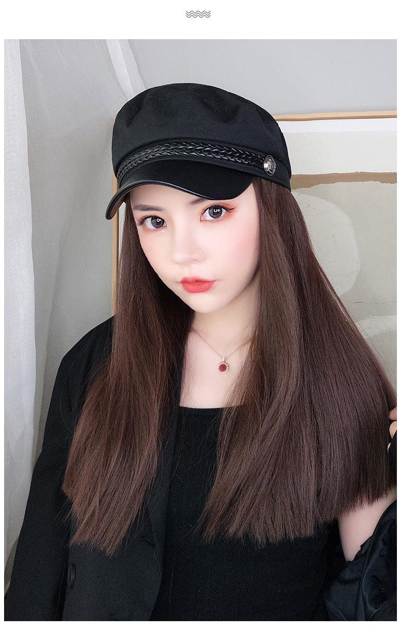 Navy Hat With Hair Long Straight Fake Hair Hat Wig Synthetic Hair Extensions Hat With Hair Natural Hairpiece Wigs For Black Women Cosplay Wigs For Women Stevvex