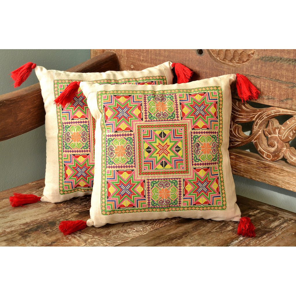 Needlepoint Tassel Pillow Cover Embroidered Cotton Boho Hmong Tribal Cushion BandsCo Straps