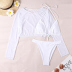 Neon Yellow Crop Top Swimwear Women Summer 3 Pieces Swimsuit Bikini Sets With Sheer Crop Top Cover Up Beachwear Mesh Long Sleeve Cover Ups Top Three Piece Swimsuit Bikini Set