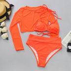 Neon Yellow Crop Top Swimwear Women Summer 3 Pieces Swimsuit Bikini Sets With Sheer Crop Top Cover Up Beachwear Mesh Long Sleeve Cover Ups Top Three Piece Swimsuit Bikini Set