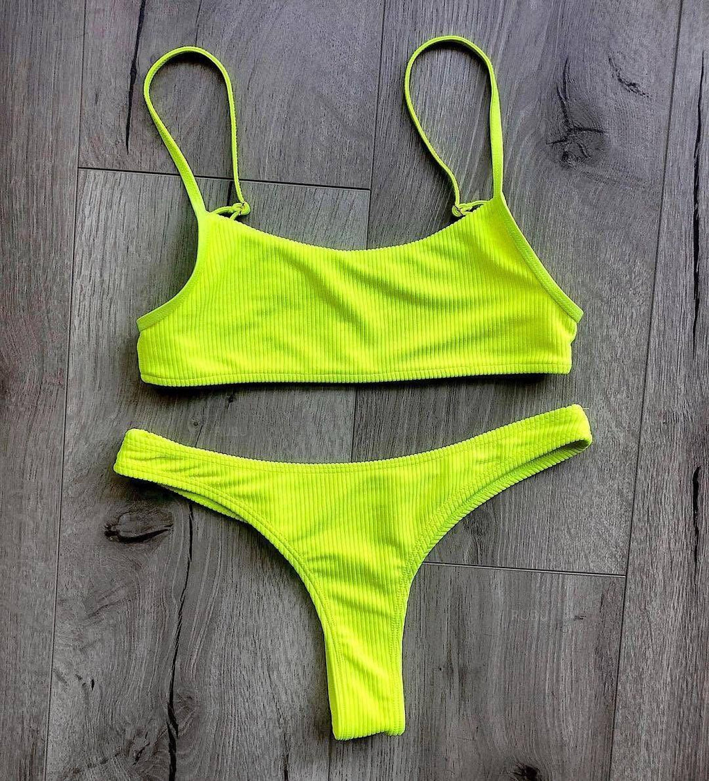 Neon Yellow Green Swimsuit Women Push Up Padded Micro Bikini Summer Beach Bathing Suit Beach Swimwear  Women's Scoop Neck Cut Out Front Lace Up Back High Cut One Piece Swimsuit Stevvex