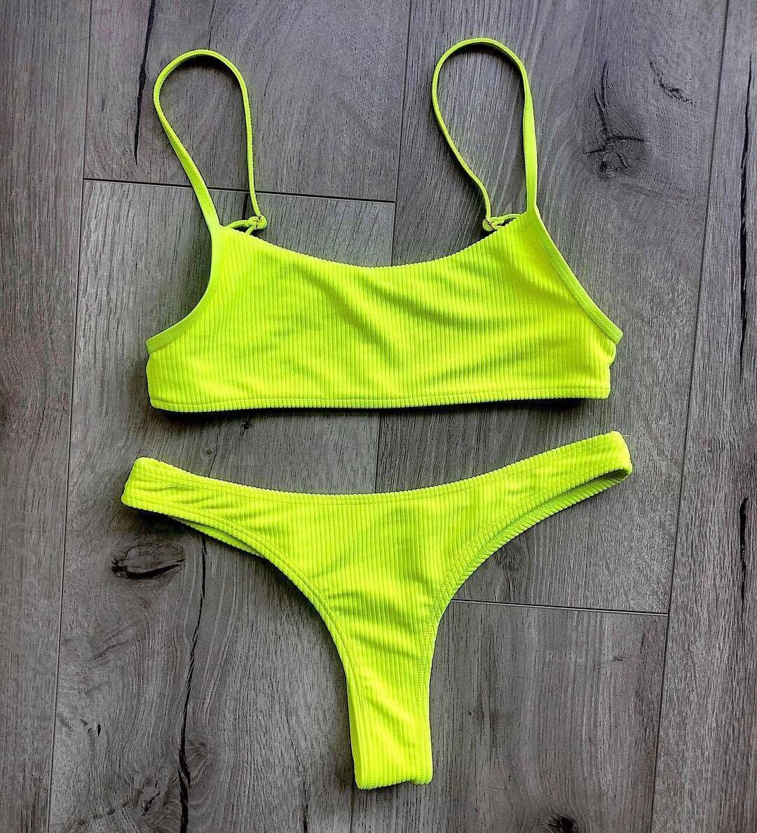 Neon Yellow Green Swimsuit Women Push Up Padded Micro Bikini Summer Beach Bathing Suit Beach Swimwear  Women's Scoop Neck Cut Out Front Lace Up Back High Cut One Piece Swimsuit Stevvex