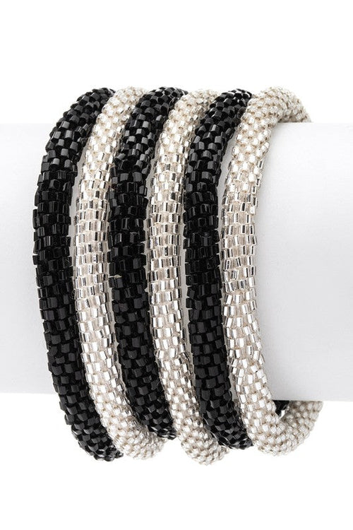 Nepal Team Color Beaded Roll On Bracelet Set Black Silver