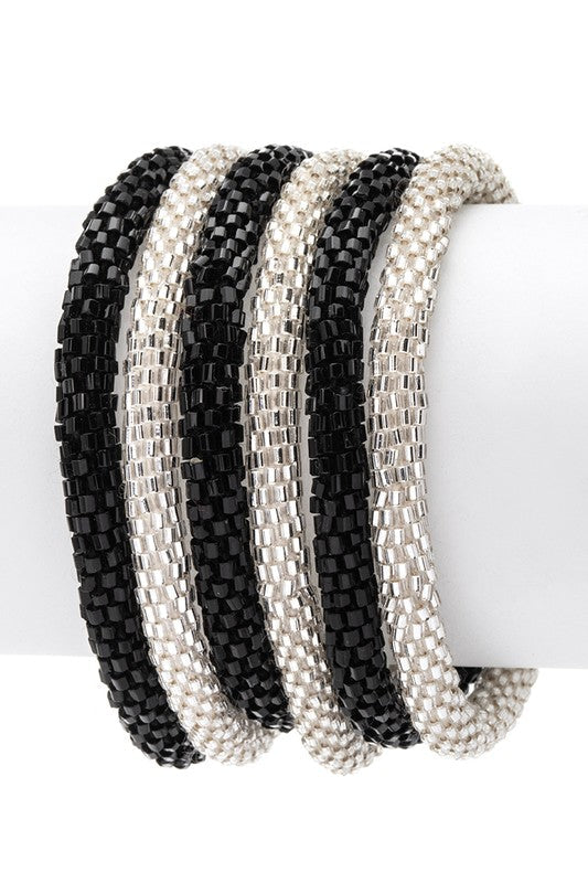 Nepal Team Color Beaded Roll On Bracelet Set Black Silver