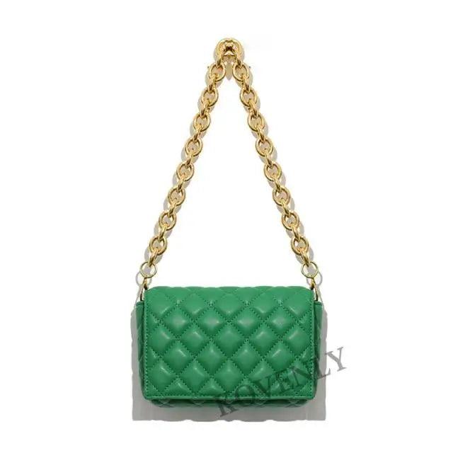 New Adorable Women's Handbag Green Small Flap Shoulder Bag In Thick Metal Chain Women's Clutch Bags Luxury  Ladies Shoulder Purse Stevvex