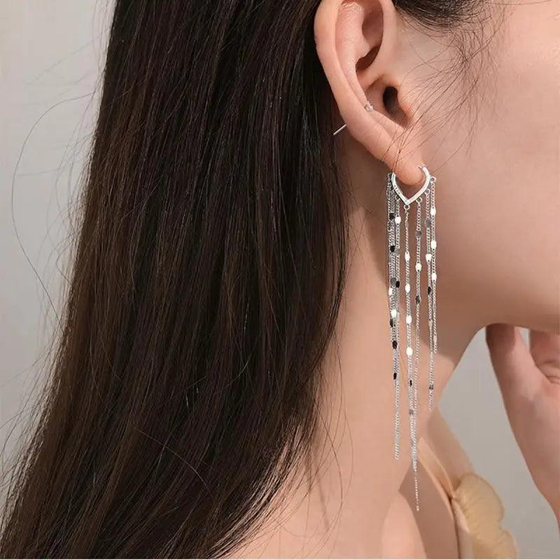 New Aesthetic 925 Sterling Silver Light Luxury Long Tassel Hoop Earrings for women - Women fashion Accessories Stevvex