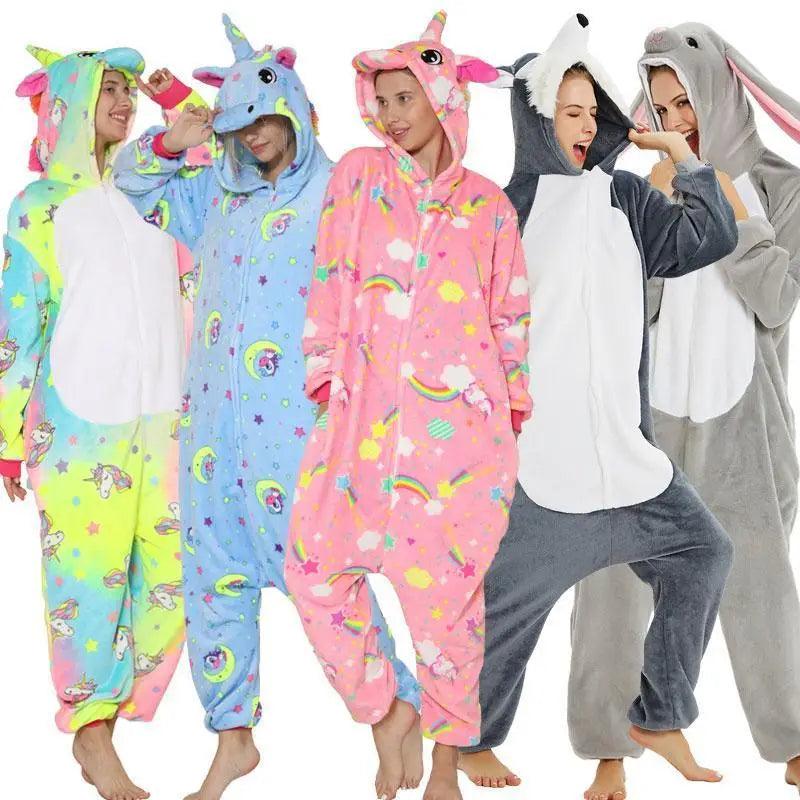 New Animal Pajamas Women Unicorn Sleepwear Panda Pajama Cartoon Overalls Winter Rabbit Nightie Jumpsuit For Winter Girls Unicorn Pajamas Costume Fleece Hooded Animal Sleepwear Christmas Cosplay Unicorn Gift Stevvex