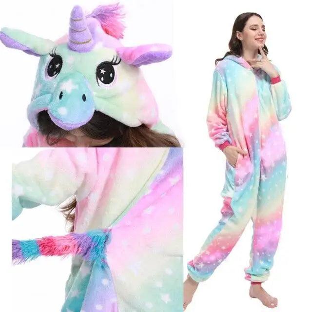 New Animal Pajamas Women Unicorn Sleepwear Panda Pajama Cartoon Overalls Winter Rabbit Nightie Jumpsuit For Winter Girls Unicorn Pajamas Costume Fleece Hooded Animal Sleepwear Christmas Cosplay Unicorn Gift Stevvex