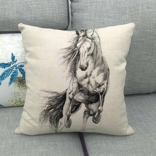 New Animal Pattern Pillow Cover Simple Wind Pillow Set Art Home Decorative Throw Pillow Cover Horse Cotton Linen Cushion for Couch Sofa Bedroom Livingroom Kitchen Car Restoring Ancient Ways Horse Head Decorative Cushion Covers 45x45CM Stevvex