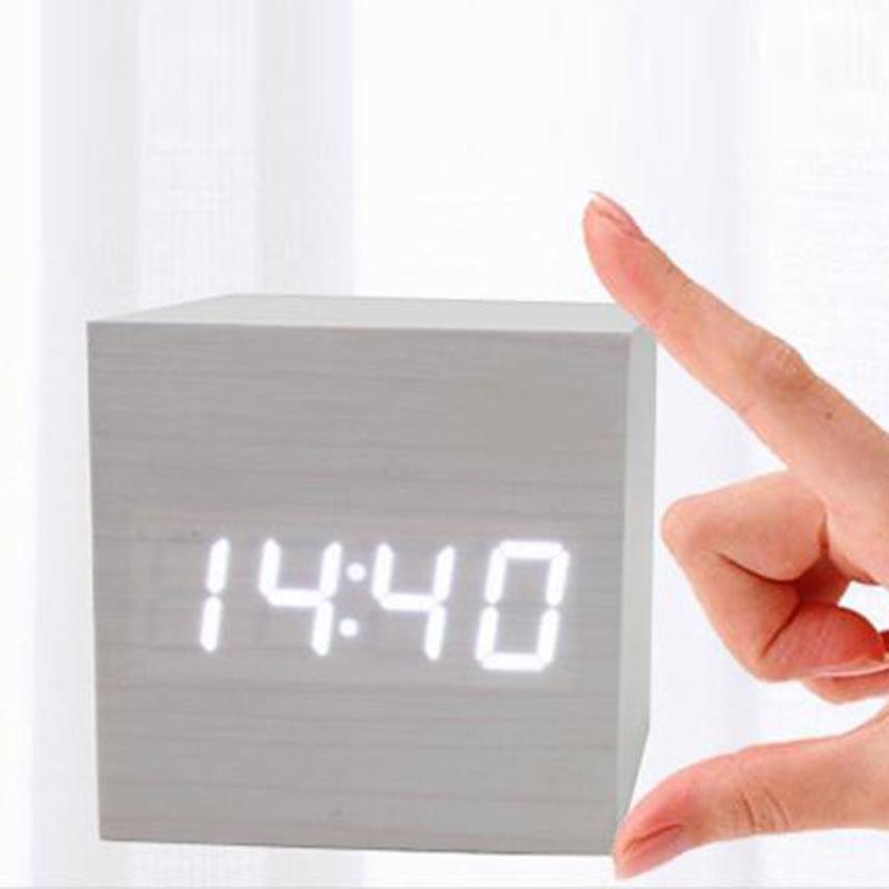 New Arrival Wooden LED Alarm Clocks Temperature Electronic Clock Digital Alarm Clock with Wooden Electronic LED Time Display 3 Dual Plus Alarm Cubic Small Mini Wood Made Electric Sounds Control Digital LED Display Desktop Calendar Table clock Stevvex