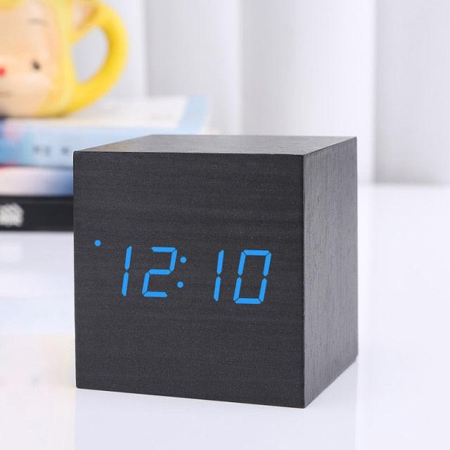 New Arrival Wooden LED Alarm Clocks Temperature Electronic Clock Digital Alarm Clock with Wooden Electronic LED Time Display 3 Dual Plus Alarm Cubic Small Mini Wood Made Electric Sounds Control Digital LED Display Desktop Calendar Table clock Stevvex