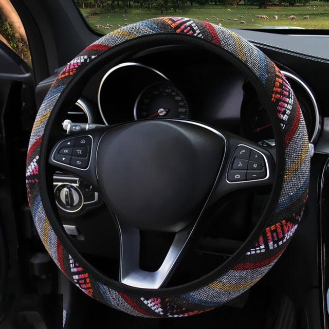 New Baja Blanket Car Steering Wheel Cover Linen Universal Elastic Flax Stripe Cool Interior Car Steering Wheel Cover Ethnic Style Car Accessories Steering Wheel Covers with Cloth for Women Breathable Anti Skid Better Grips Steering Wheel Cover Women Stevvex
