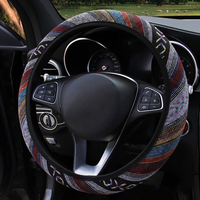 New Baja Blanket Car Steering Wheel Cover Linen Universal Elastic Flax Stripe Cool Interior Car Steering Wheel Cover Ethnic Style Car Accessories Steering Wheel Covers with Cloth for Women Breathable Anti Skid Better Grips Steering Wheel Cover Women Stevvex