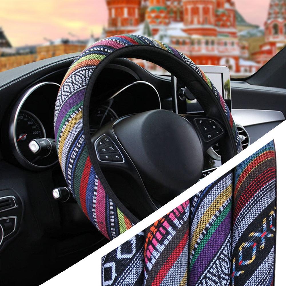 New Baja Blanket Car Steering Wheel Cover Linen Universal Elastic Flax Stripe Cool Interior Car Steering Wheel Cover Ethnic Style Car Accessories Steering Wheel Covers with Cloth for Women Breathable Anti Skid Better Grips Steering Wheel Cover Women Stevvex