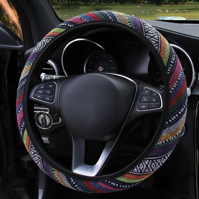 New Baja Blanket Car Steering Wheel Cover Linen Universal Elastic Flax Stripe Cool Interior Car Steering Wheel Cover Ethnic Style Car Accessories Steering Wheel Covers with Cloth for Women Breathable Anti Skid Better Grips Steering Wheel Cover Women Stevvex