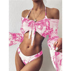 New Bikini Bikini Swimsuit For Women 3 Pieces Set Knot Front Off Shoulder Cover Up with Halter Bikini Sets Bathing Suit Women Swimwear Female Swimsuit Three-pieces Bikini set Halter Bather Bathing Suit Swim Beach Lady Stevvex