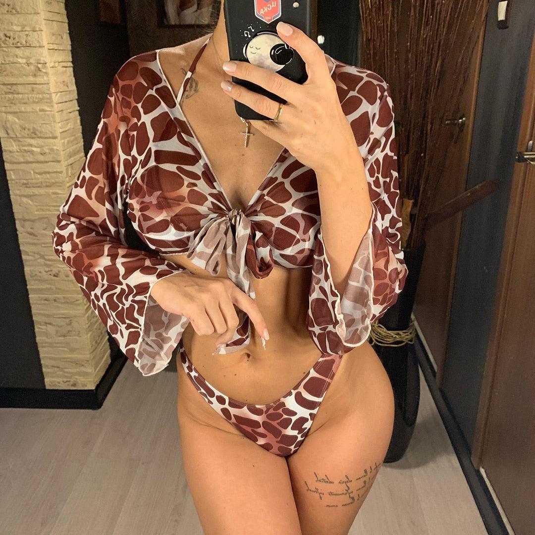 New Bikini Bikini Swimsuit For Women 3 Pieces Set Knot Front Off Shoulder Cover Up with Halter Bikini Sets Bathing Suit Women Swimwear Female Swimsuit Three-pieces Bikini set Halter Bather Bathing Suit Swim Beach Lady Stevvex