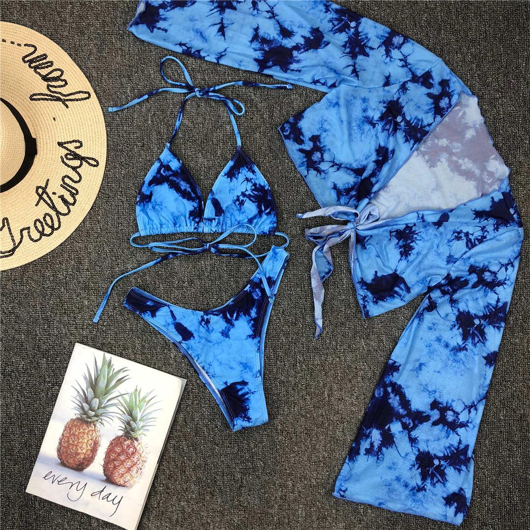 New Bikini Bikini Swimsuit For Women 3 Pieces Set Knot Front Off Shoulder Cover Up with Halter Bikini Sets Bathing Suit Women Swimwear Female Swimsuit Three-pieces Bikini set Halter Bather Bathing Suit Swim Beach Lady Stevvex