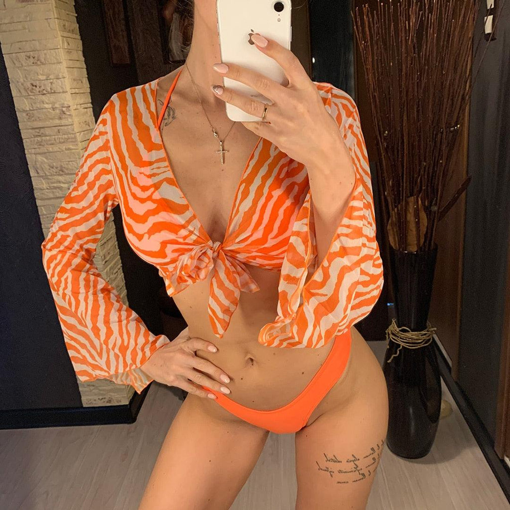New Bikini Bikini Swimsuit For Women 3 Pieces Set Knot Front Off Shoulder Cover Up with Halter Bikini Sets Bathing Suit Women Swimwear Female Swimsuit Three-pieces Bikini set Halter Bather Bathing Suit Swim Beach Lady Stevvex