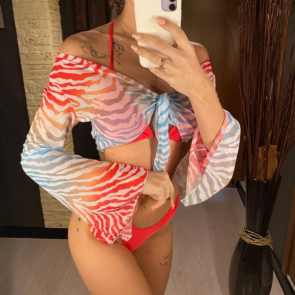 New Bikini Bikini Swimsuit For Women 3 Pieces Set Knot Front Off Shoulder Cover Up with Halter Bikini Sets Bathing Suit Women Swimwear Female Swimsuit Three-pieces Bikini set Halter Bather Bathing Suit Swim Beach Lady Stevvex