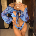 New Bikini Bikini Swimsuit For Women 3 Pieces Set Knot Front Off Shoulder Cover Up with Halter Bikini Sets Bathing Suit Women Swimwear Female Swimsuit Three-pieces Bikini set Halter Bather Bathing Suit Swim Beach Lady Stevvex