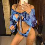 New Bikini Bikini Swimsuit For Women 3 Pieces Set Knot Front Off Shoulder Cover Up with Halter Bikini Sets Bathing Suit Women Swimwear Female Swimsuit Three-pieces Bikini set Halter Bather Bathing Suit Swim Beach Lady Stevvex