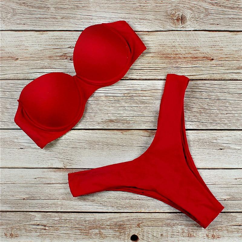 New Bikini Fashion Push Up Bikini Set Swimsuit Bikini Sets Push Up Swimsuits 2 Piece Underwired Bathing Suits Women Bandage High Waist Solid Brown Triangle Swimwear Two-Piece Suits Stevvex