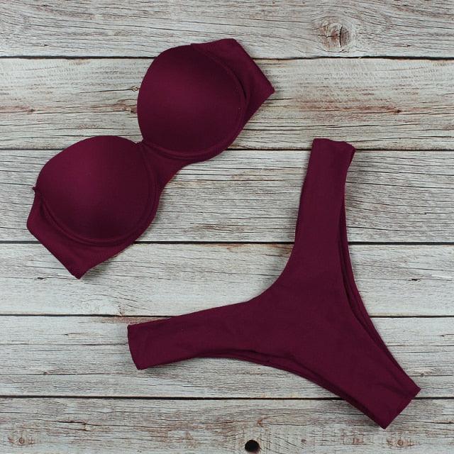 New Bikini Fashion Push Up Bikini Set Swimsuit Bikini Sets Push Up Swimsuits 2 Piece Underwired Bathing Suits Women Bandage High Waist Solid Brown Triangle Swimwear Two-Piece Suits Stevvex