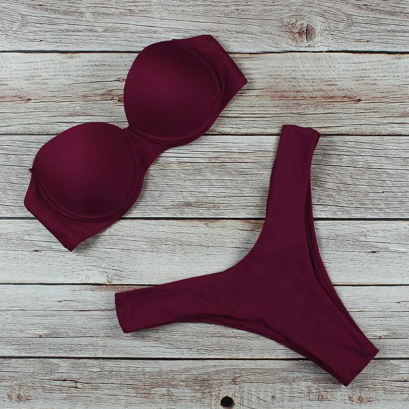 New Bikini Fashion Push Up Bikini Set Swimsuit Bikini Sets Push Up Swimsuits 2 Piece Underwired Bathing Suits Women Bandage High Waist Solid Brown Triangle Swimwear Two-Piece Suits Stevvex
