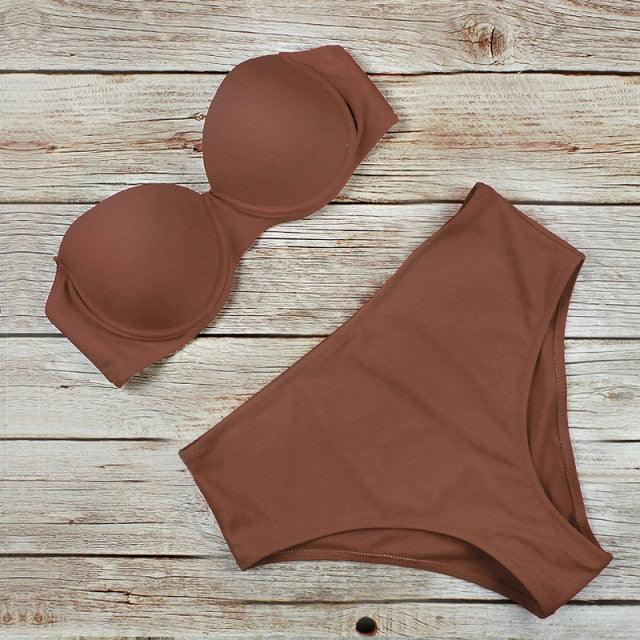 New Bikini Fashion Push Up Bikini Set Swimsuit Bikini Sets Push Up Swimsuits 2 Piece Underwired Bathing Suits Women Bandage High Waist Solid Brown Triangle Swimwear Two-Piece Suits Stevvex