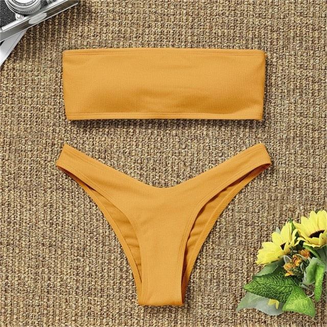 New Bikini High Waist Strapless Bikini Women Swimwear Women Swimsuit Padded Bathing Suit Pure Color Women's Bandeau Bikini Top-High Leg High Waist Bikini Bottom Set Stevvex