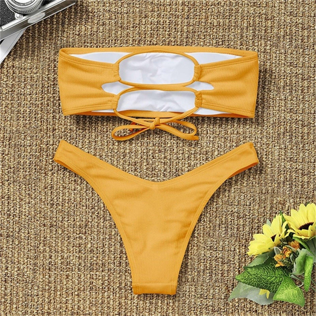 New Bikini High Waist Strapless Bikini Women Swimwear Women Swimsuit Padded Bathing Suit Pure Color Women's Bandeau Bikini Top-High Leg High Waist Bikini Bottom Set Stevvex