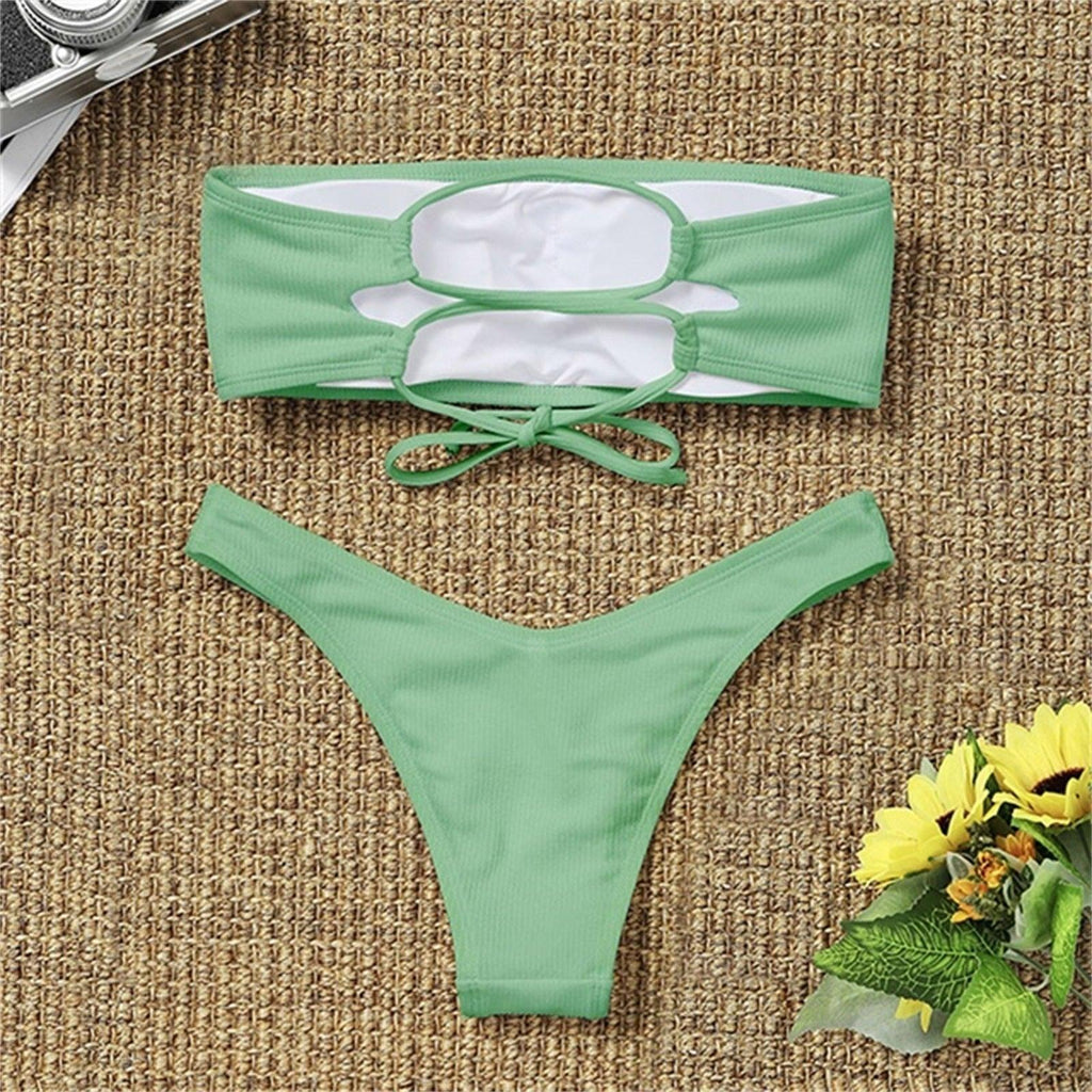 New Bikini High Waist Strapless Bikini Women Swimwear Women Swimsuit Padded Bathing Suit Pure Color Women's Bandeau Bikini Top-High Leg High Waist Bikini Bottom Set Stevvex