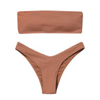 New Bikini High Waist Strapless Bikini Women Swimwear Women Swimsuit Padded Bathing Suit Pure Color Women's Bandeau Bikini Top-High Leg High Waist Bikini Bottom Set Stevvex