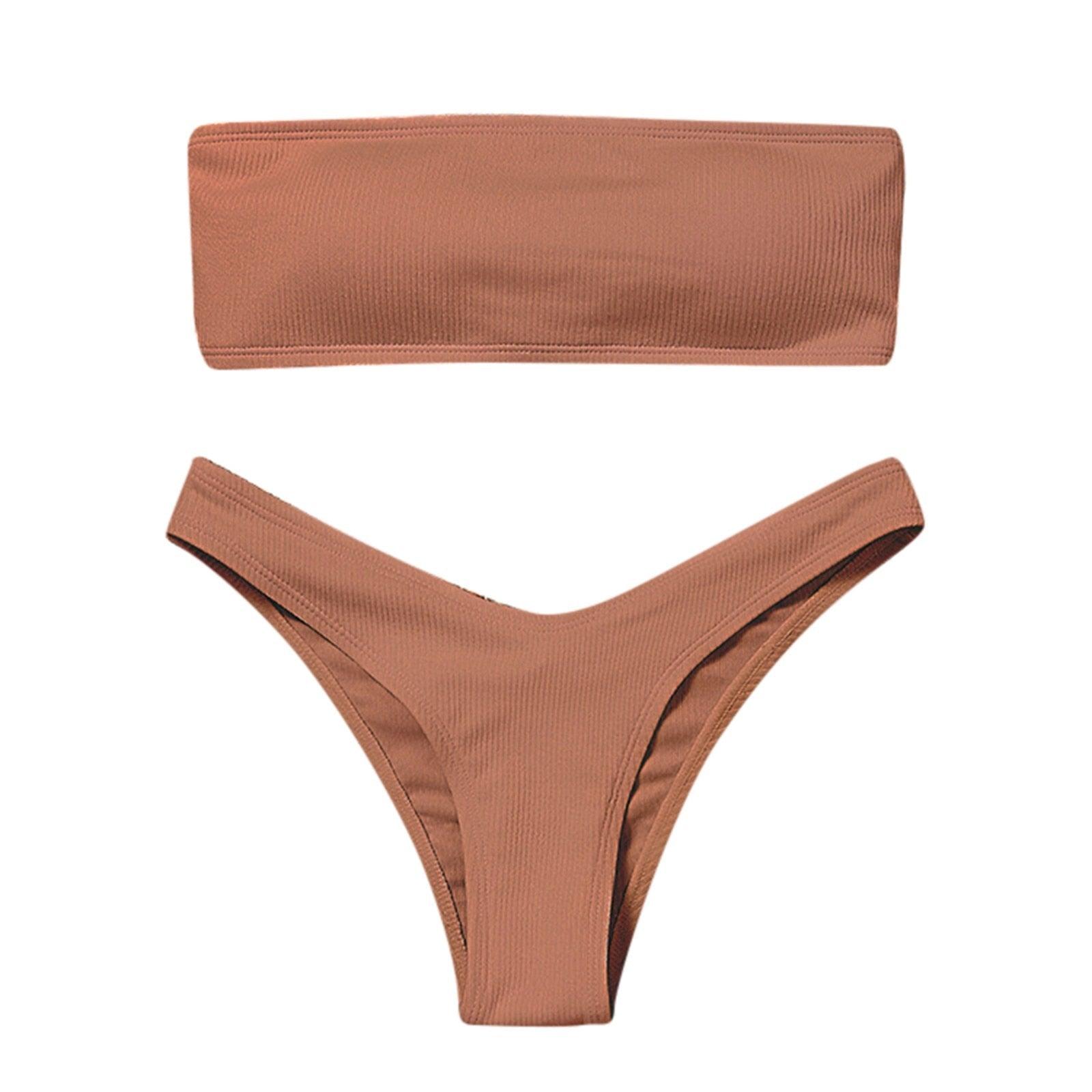 New Bikini High Waist Strapless Bikini Women Swimwear Women Swimsuit Padded Bathing Suit Pure Color Women's Bandeau Bikini Top-High Leg High Waist Bikini Bottom Set Stevvex