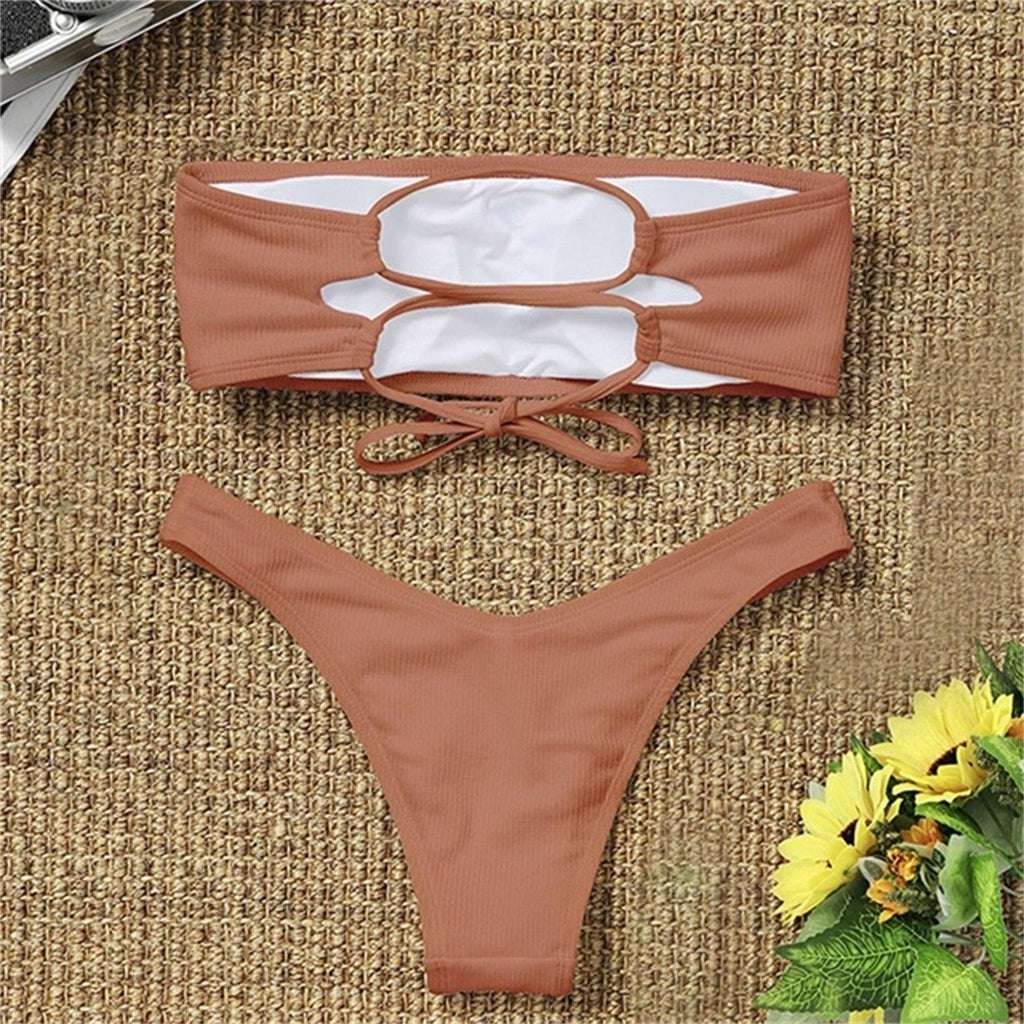 New Bikini High Waist Strapless Bikini Women Swimwear Women Swimsuit Padded Bathing Suit Pure Color Women's Bandeau Bikini Top-High Leg High Waist Bikini Bottom Set Stevvex