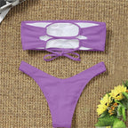 New Bikini High Waist Strapless Bikini Women Swimwear Women Swimsuit Padded Bathing Suit Pure Color Women's Bandeau Bikini Top-High Leg High Waist Bikini Bottom Set Stevvex