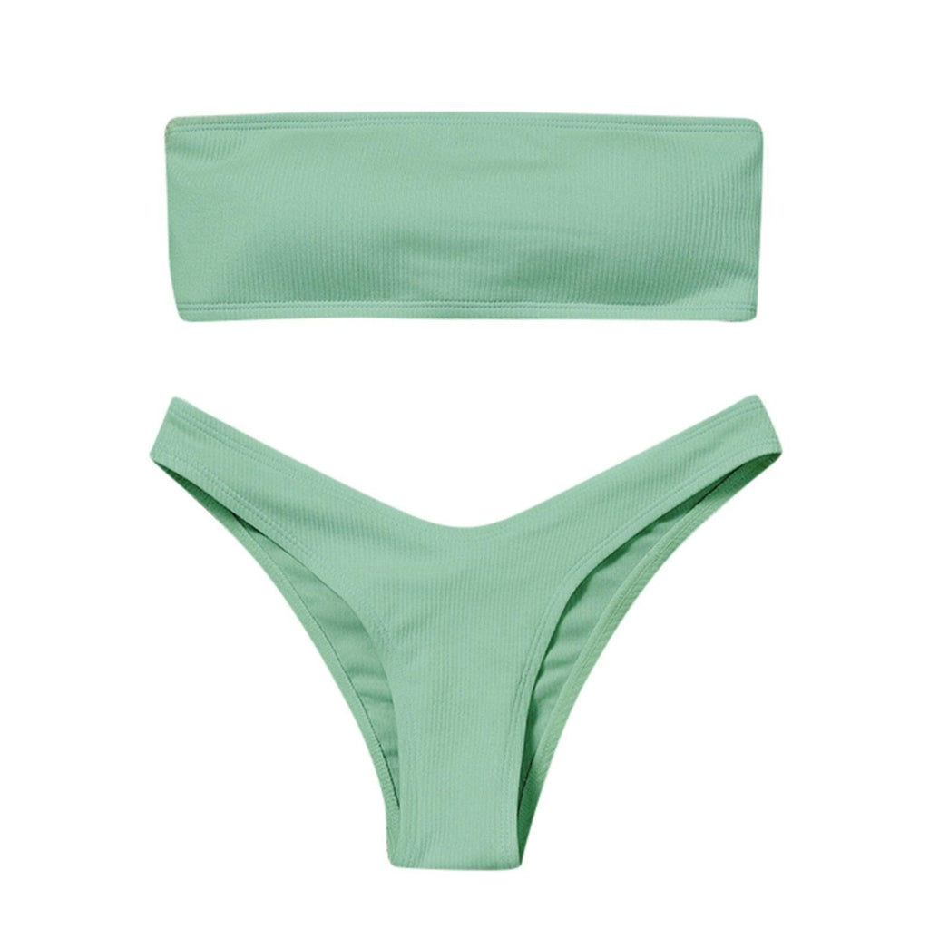 New Bikini High Waist Strapless Bikini Women Swimwear Women Swimsuit Padded Bathing Suit Pure Color Women's Bandeau Bikini Top-High Leg High Waist Bikini Bottom Set Stevvex