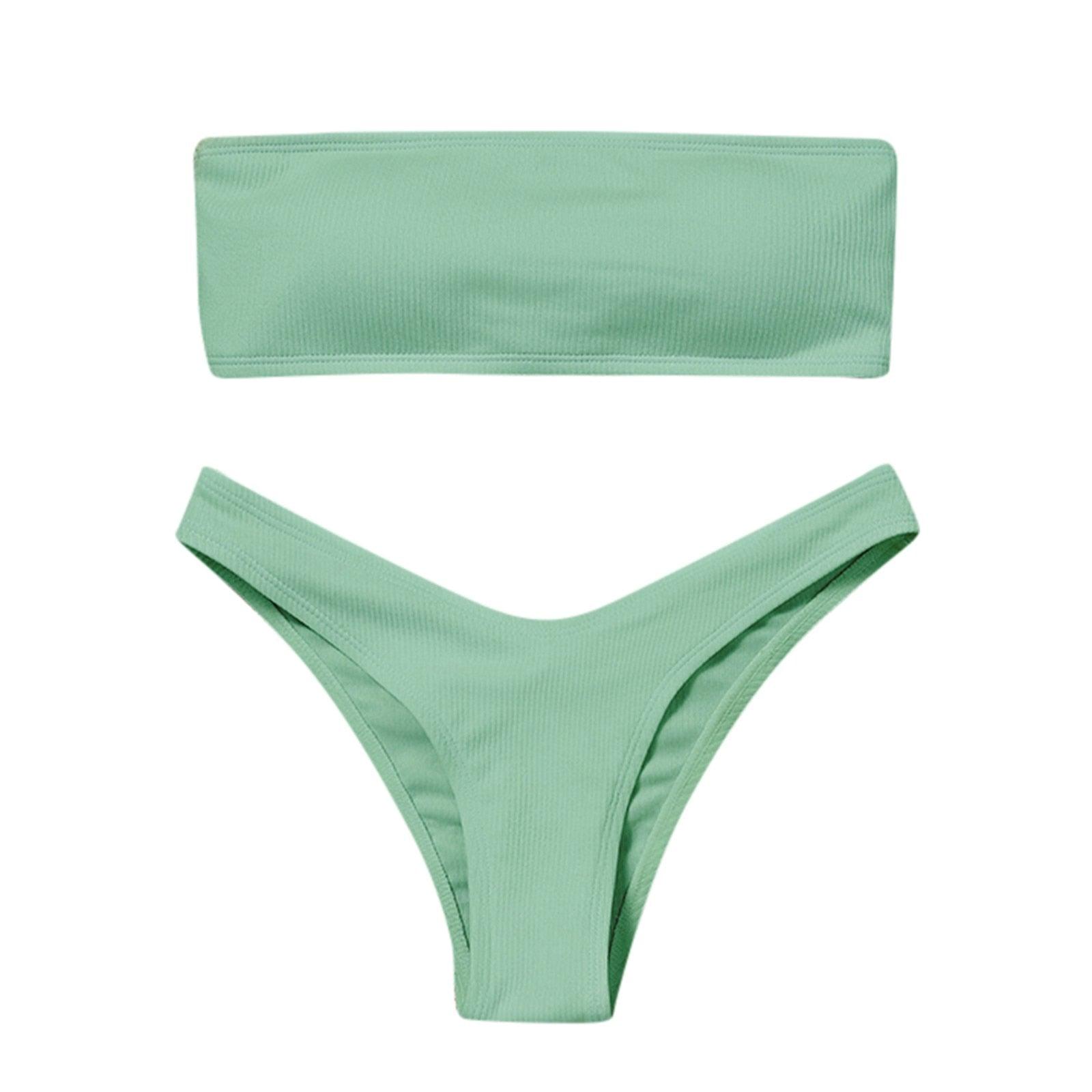 New Bikini High Waist Strapless Bikini Women Swimwear Women Swimsuit Padded Bathing Suit Pure Color Women's Bandeau Bikini Top-High Leg High Waist Bikini Bottom Set Stevvex