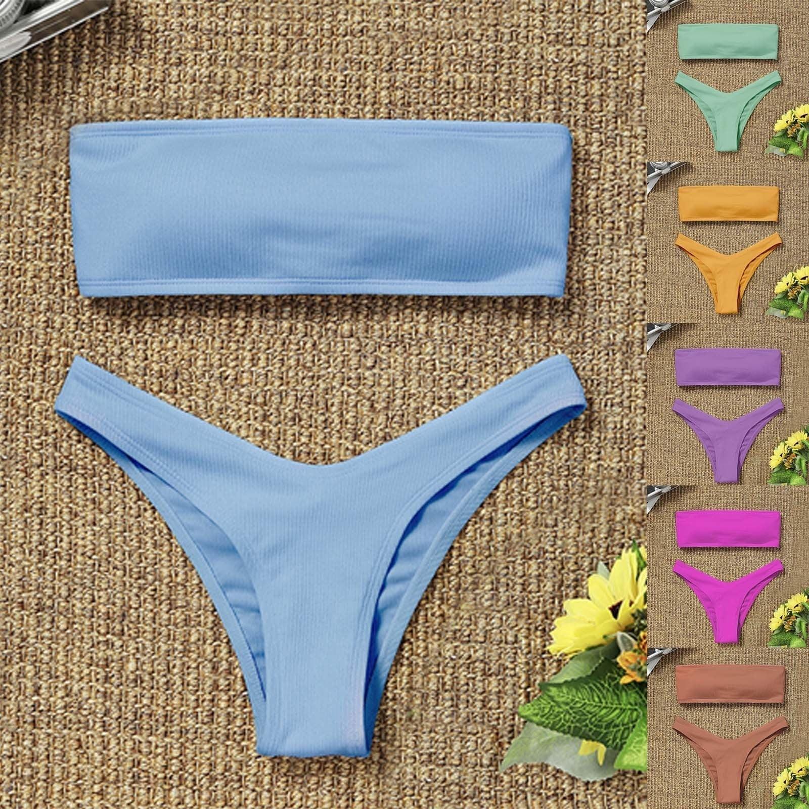 New Bikini High Waist Strapless Bikini Women Swimwear Women Swimsuit Padded Bathing Suit Pure Color Women's Bandeau Bikini Top-High Leg High Waist Bikini Bottom Set Stevvex