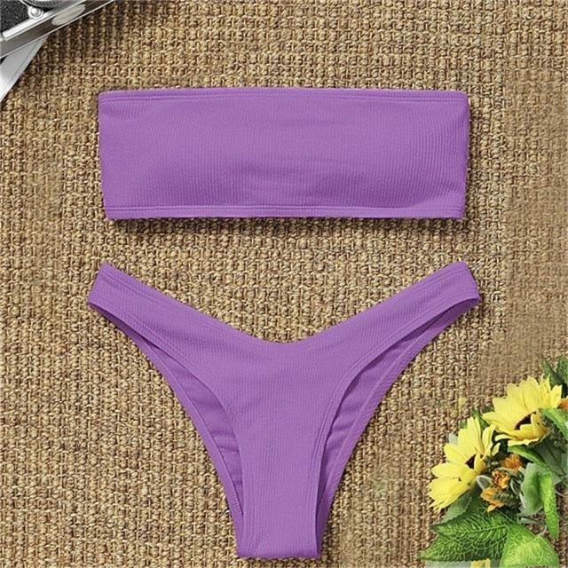 New Bikini High Waist Strapless Bikini Women Swimwear Women Swimsuit Padded Bathing Suit Pure Color Women's Bandeau Bikini Top-High Leg High Waist Bikini Bottom Set Stevvex
