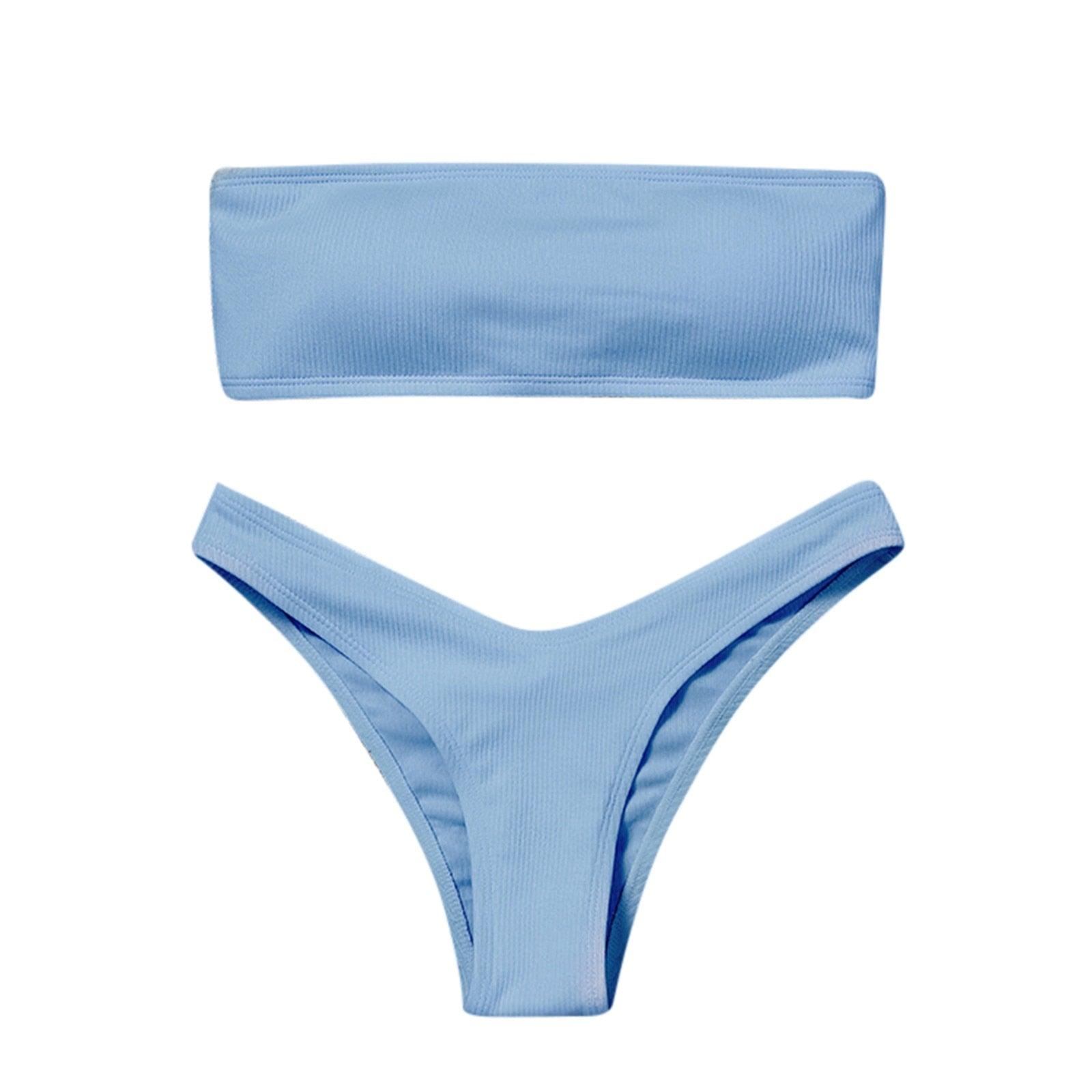 New Bikini High Waist Strapless Bikini Women Swimwear Women Swimsuit Padded Bathing Suit Pure Color Women's Bandeau Bikini Top-High Leg High Waist Bikini Bottom Set Stevvex