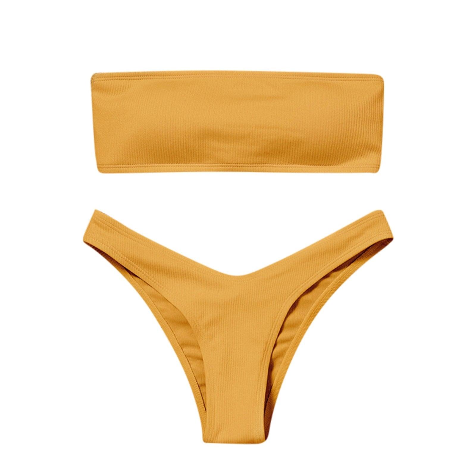 New Bikini High Waist Strapless Bikini Women Swimwear Women Swimsuit Padded Bathing Suit Pure Color Women's Bandeau Bikini Top-High Leg High Waist Bikini Bottom Set Stevvex