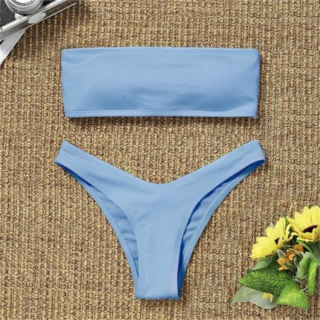 New Bikini High Waist Strapless Bikini Women Swimwear Women Swimsuit Padded Bathing Suit Pure Color Women's Bandeau Bikini Top-High Leg High Waist Bikini Bottom Set Stevvex