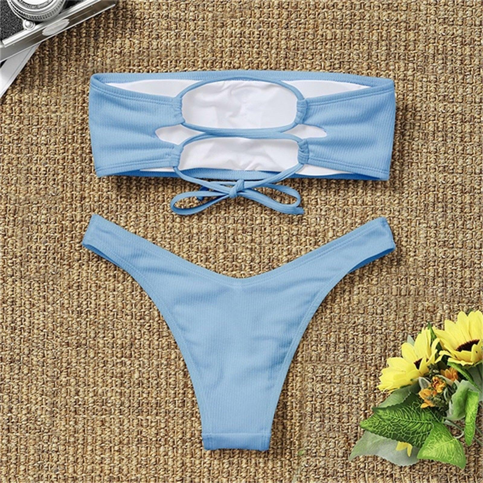 New Bikini High Waist Strapless Bikini Women Swimwear Women Swimsuit Padded Bathing Suit Pure Color Women's Bandeau Bikini Top-High Leg High Waist Bikini Bottom Set Stevvex